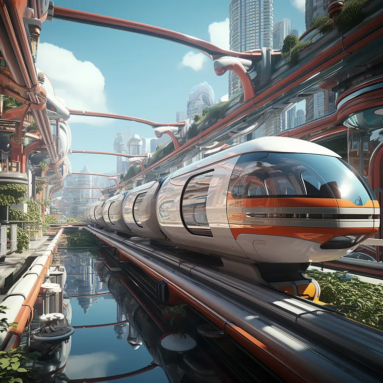 A futuristic train travelling through a city