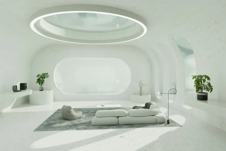 A futuristic room with a white couch and round window